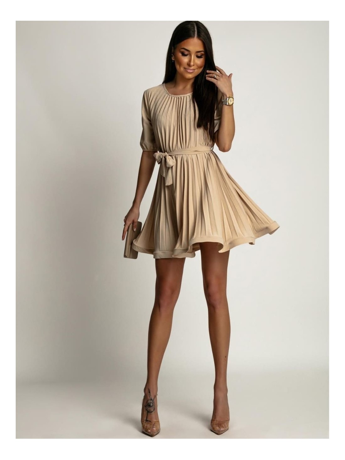 Pleated dress with short sleeves, beige AZR57172